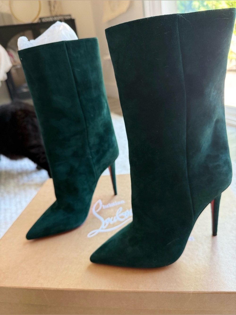 Christian Louboutin Emerald Green Suede Pointed Toe Boots 37.5 Worn Once